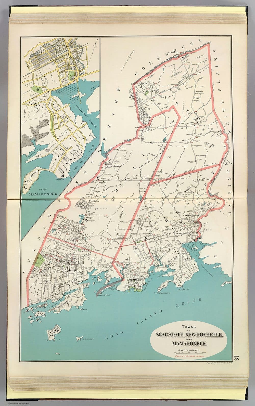 An 1893 map of the towns of Scarsdale, New Rochelle, and Mamaroneck